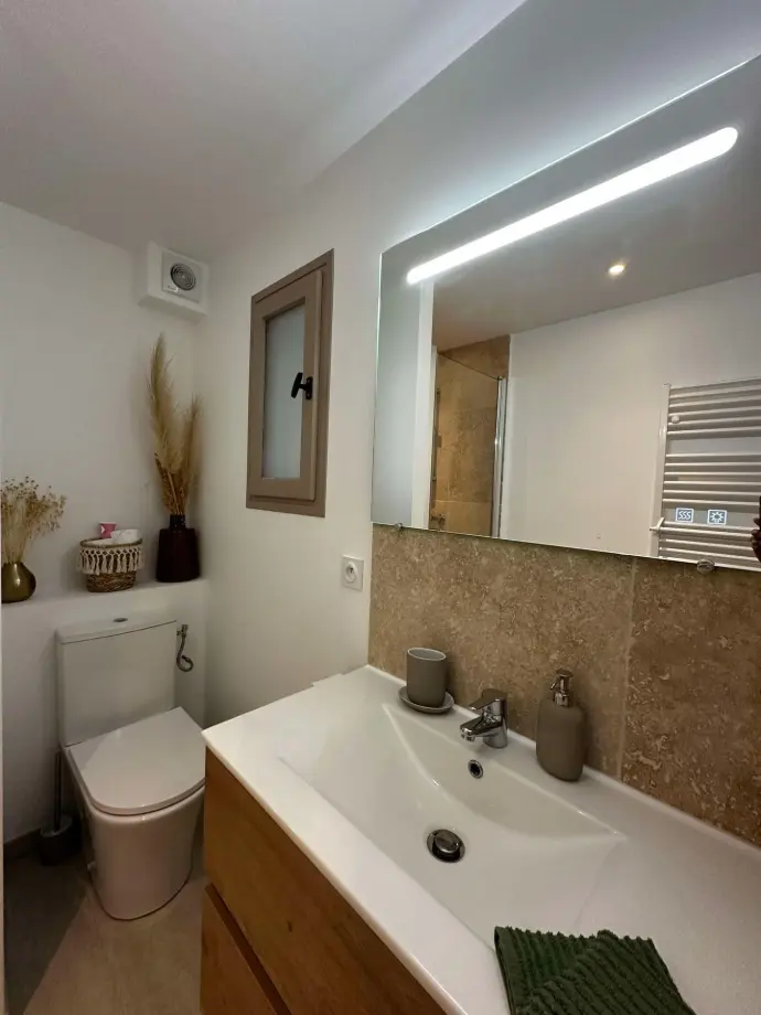 Salle de bain moderne avec un meuble vasque en bois, un miroir lumineux, et des éléments de décoration naturelle.